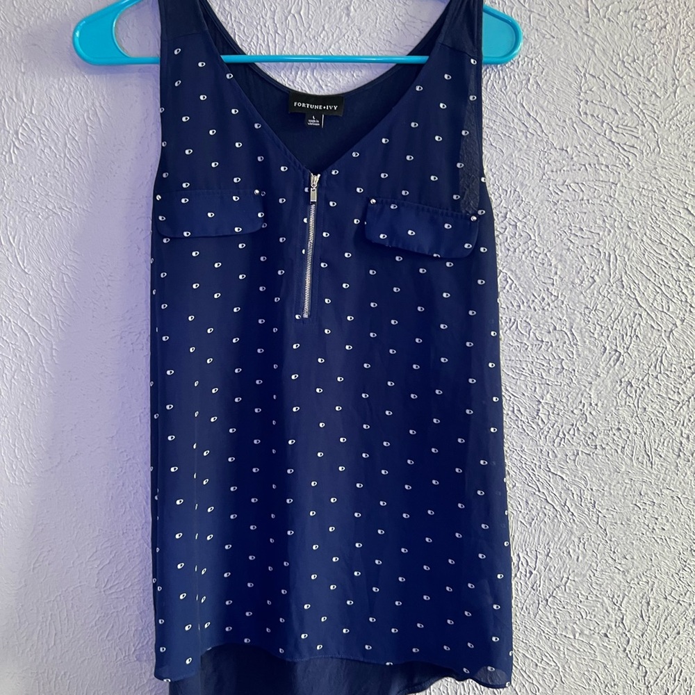 Blue and White Polka Dot Tank Top with Zipper Detail